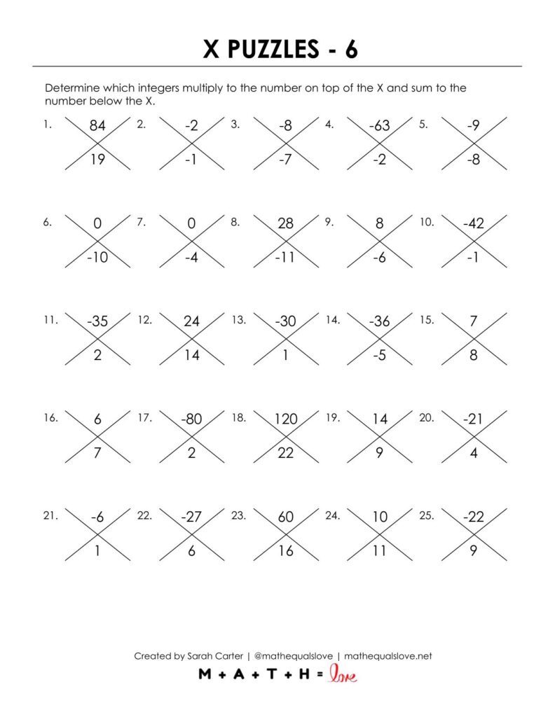 screenshot of x puzzles factoring worksheet for algebra.