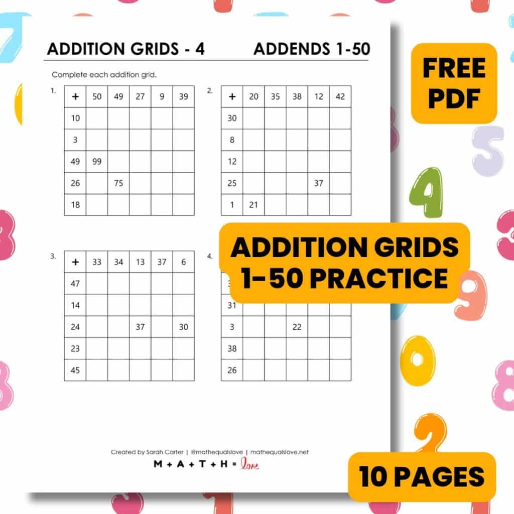 addition grid worksheets 1-50.