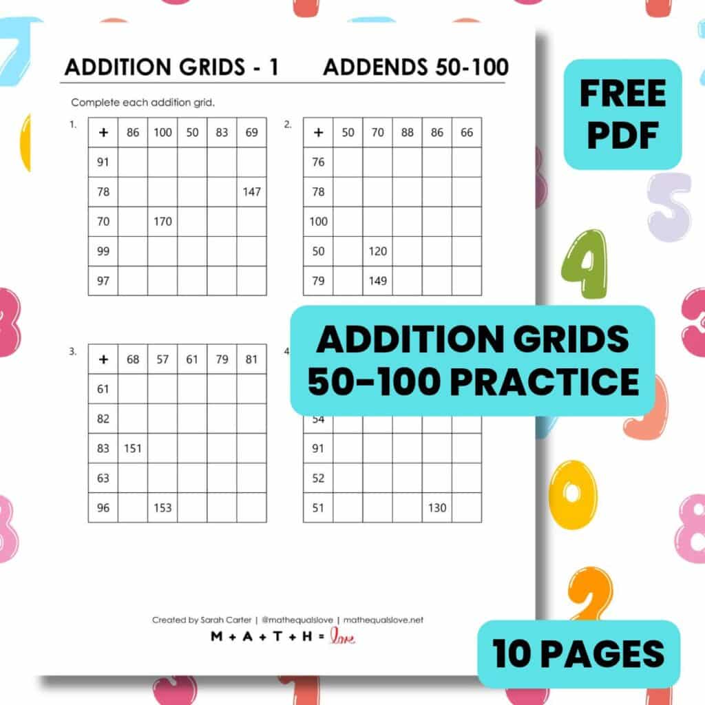 addition math grid worksheets 50-100.