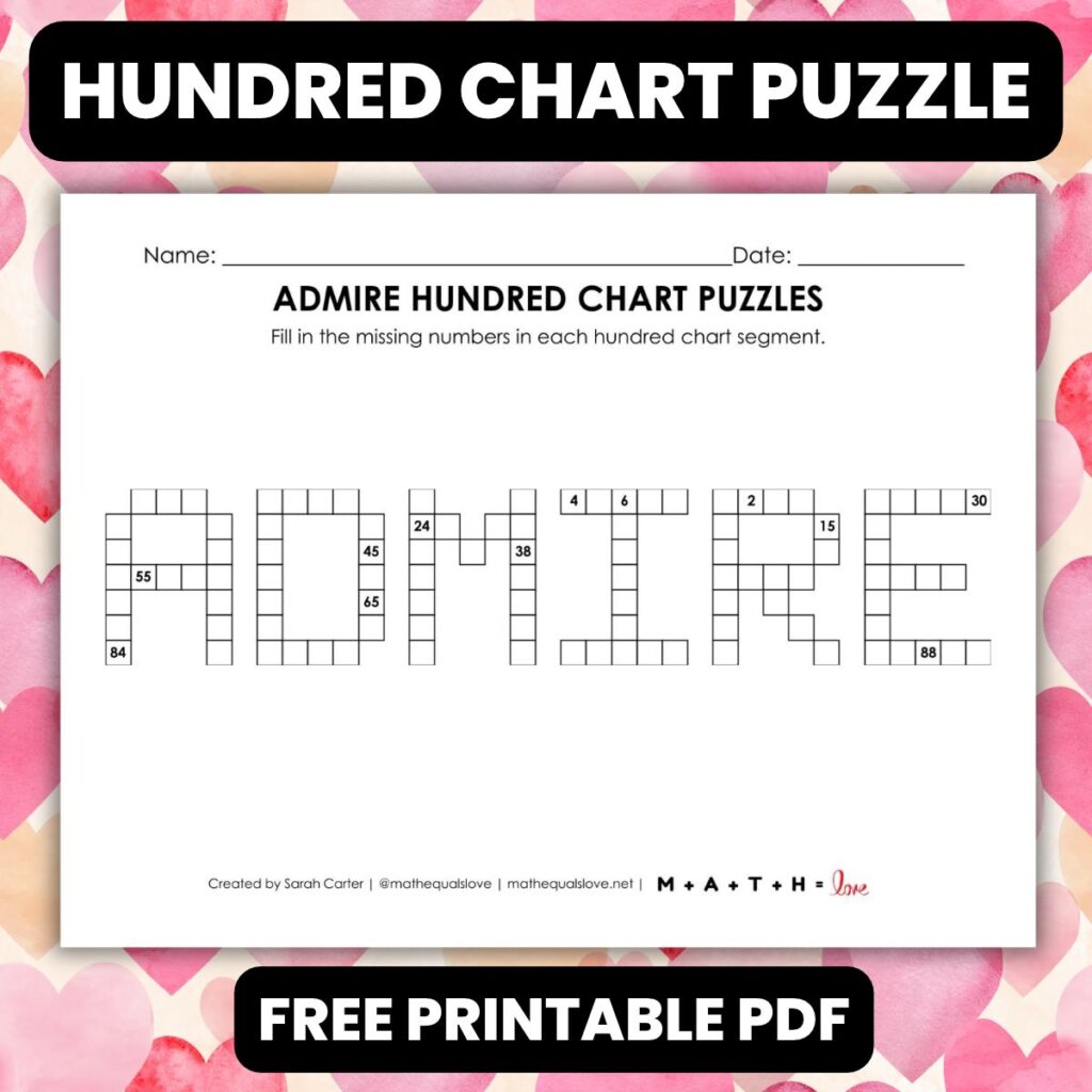 admire hundred chart puzzle worksheet for valentines day.