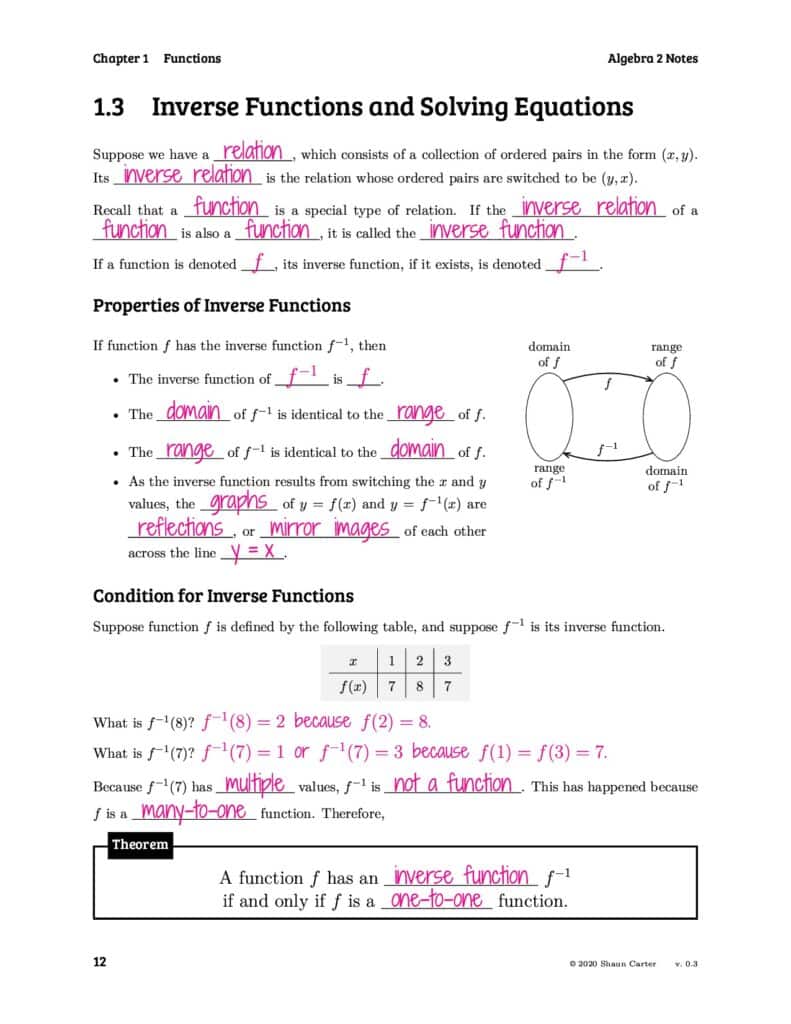 algebra 2 inverse notes page 1 from shaun carter.