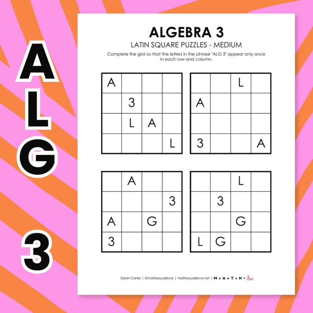 algebra 3 latin square puzzles.