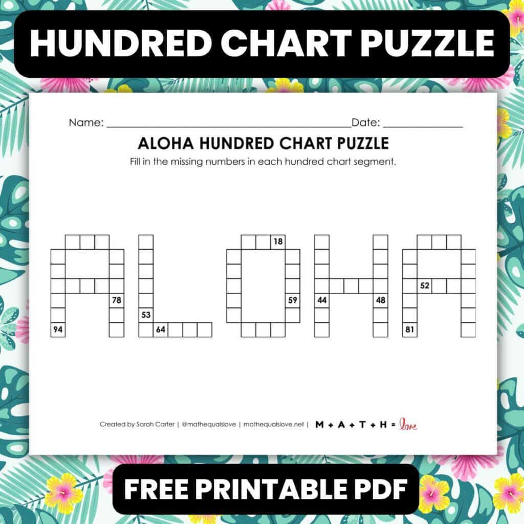 aloha hundred chart math puzzle worksheet.
