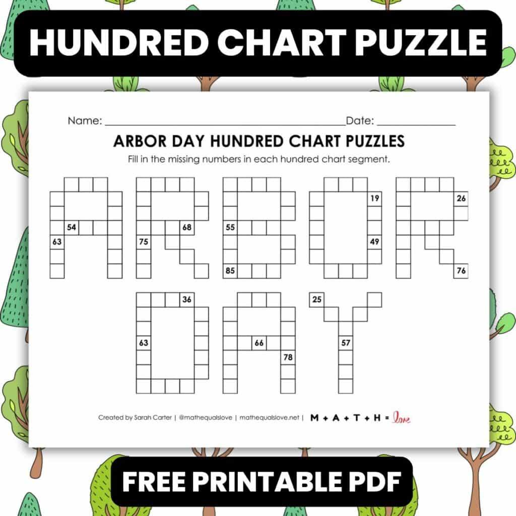 arbor day hundred chart puzzle worksheet.