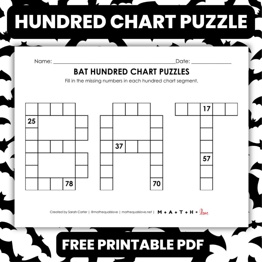 bat hundred chart puzzle worksheet for halloween.