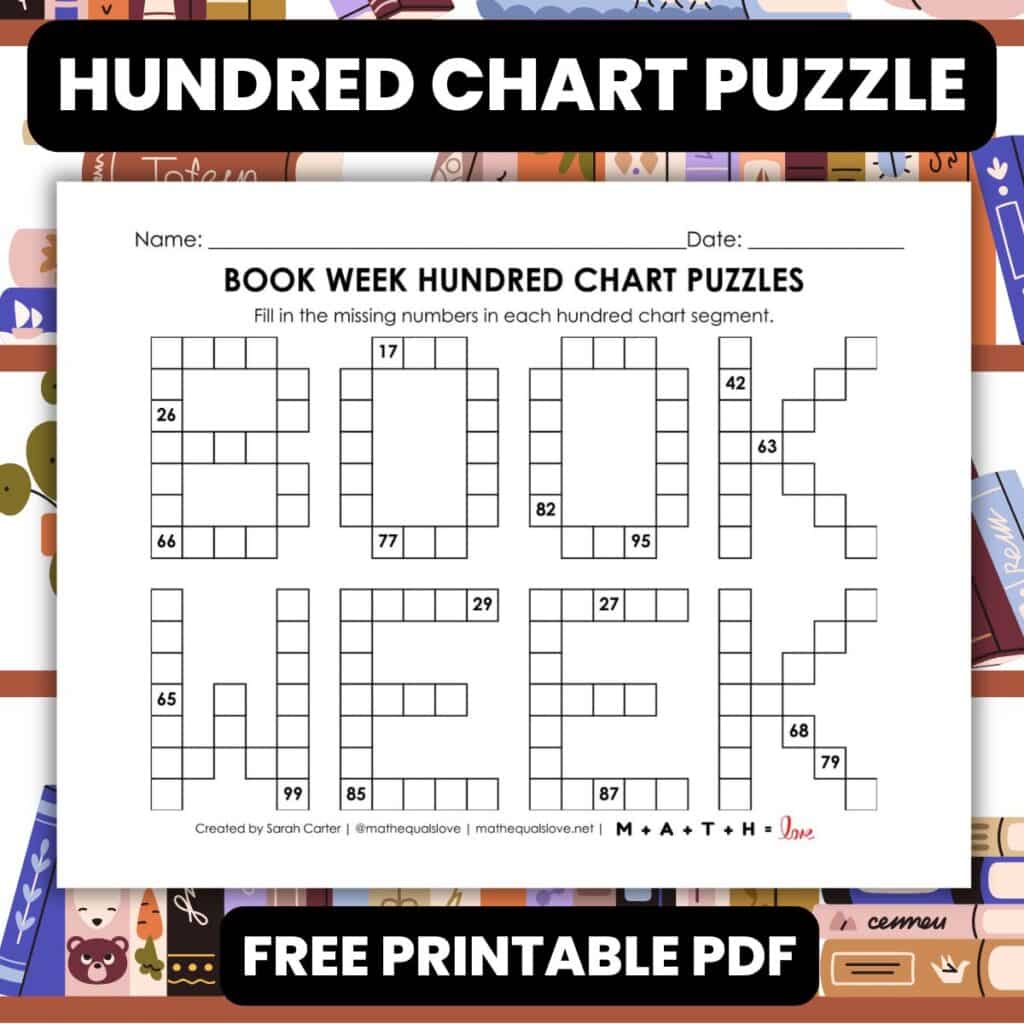 book week hundred chart puzzle worksheet.