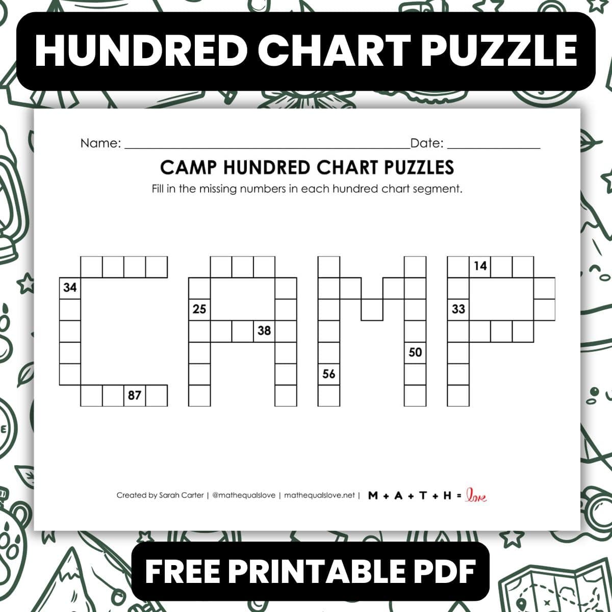 Pintrest Logic Math Camp Hundred Chart Puzzle Worksheet | Math = Love