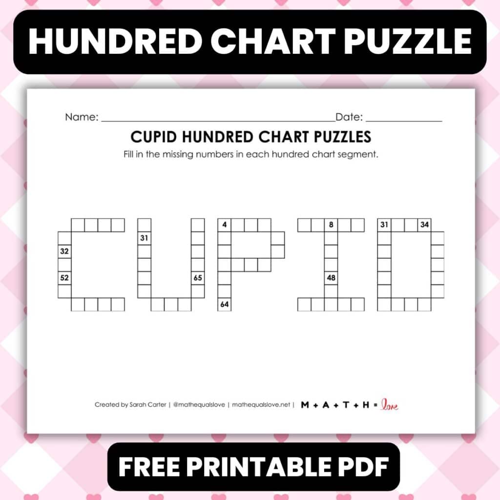 cupid hundred chart math puzzle worksheet for valentines day.