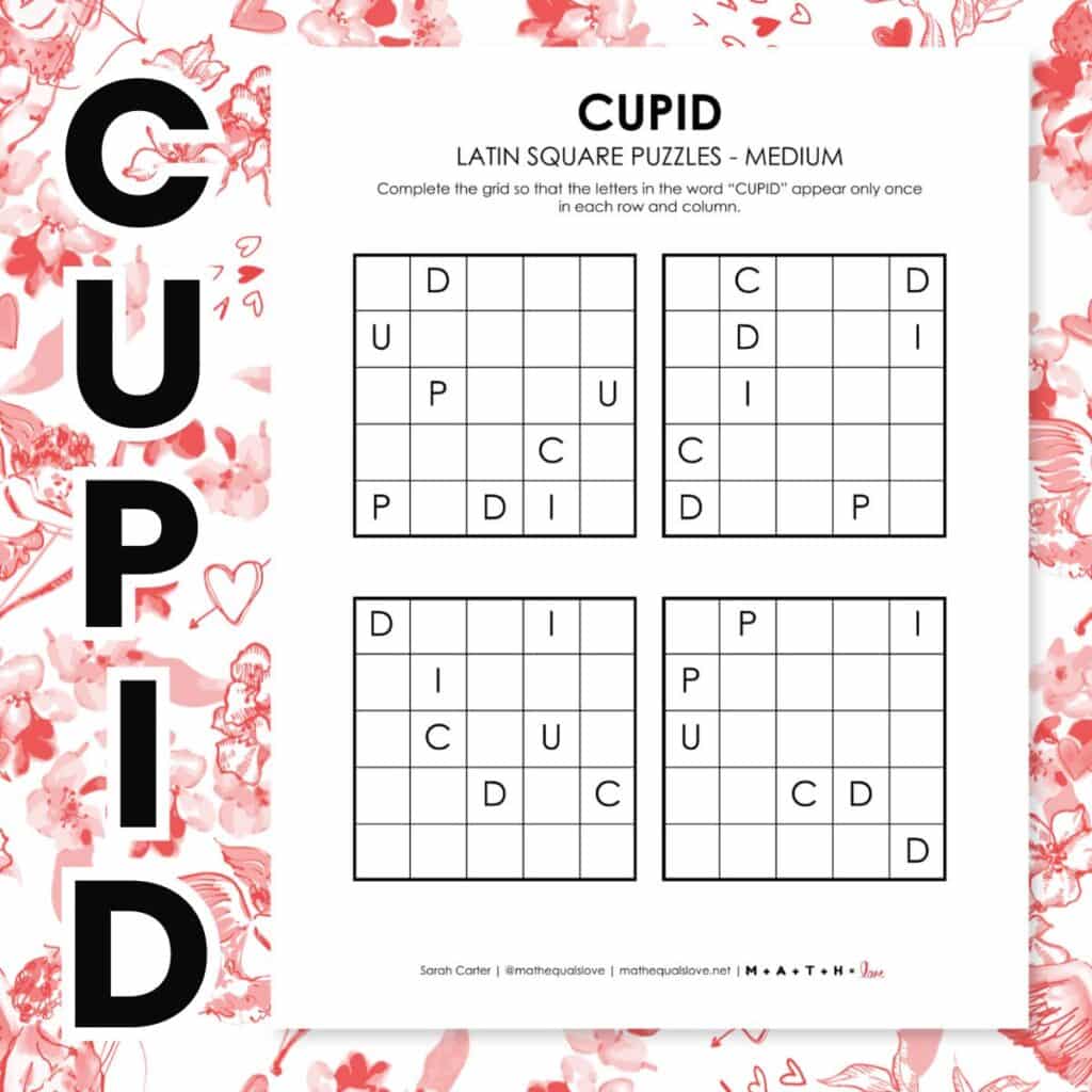 cupid latin square puzzles for valentines day.