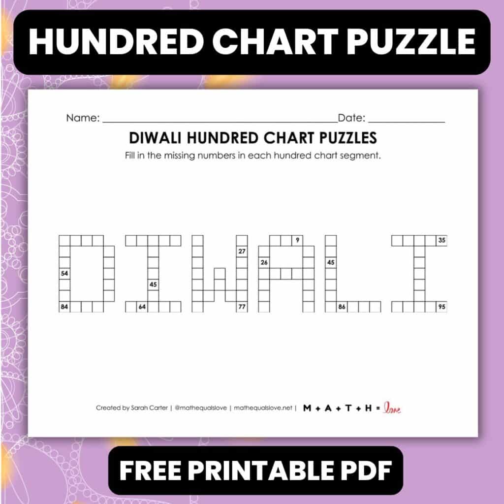 diwali hundred chart math puzzle worksheet.