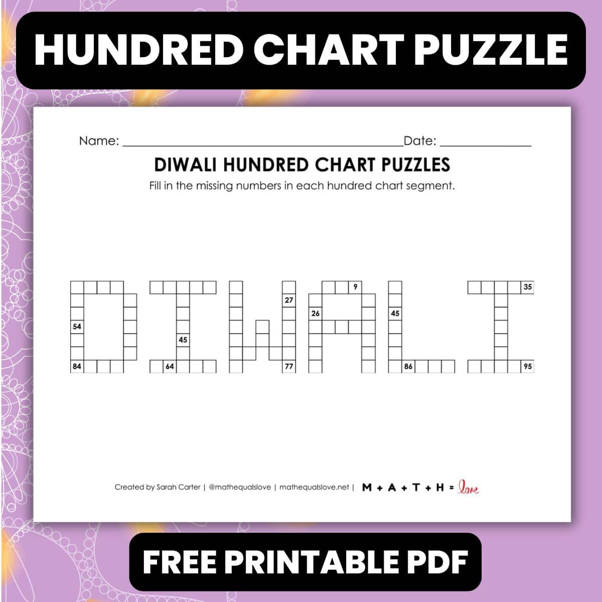 Pintrest Logic Math Diwali Hundred Chart Puzzle Worksheet | Math = Love