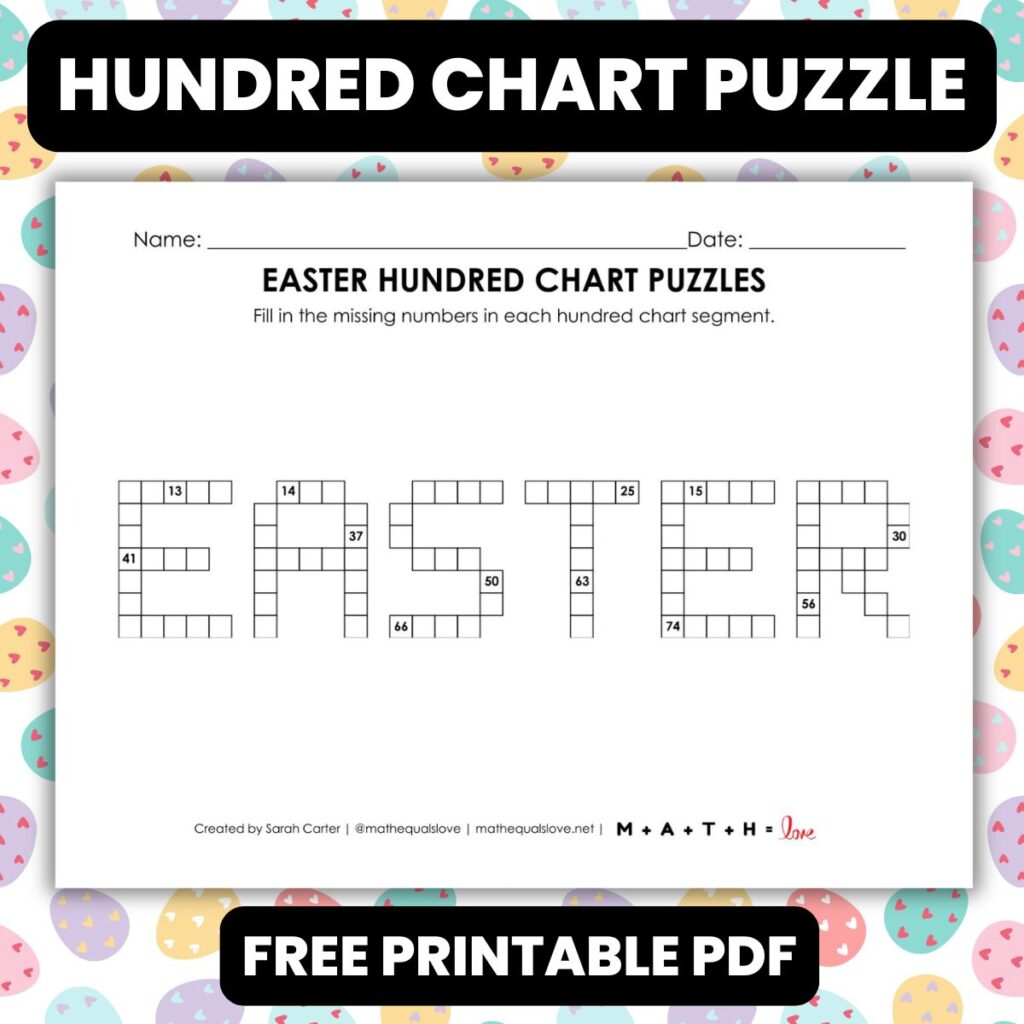 easter hundred chart math puzzle worksheet.