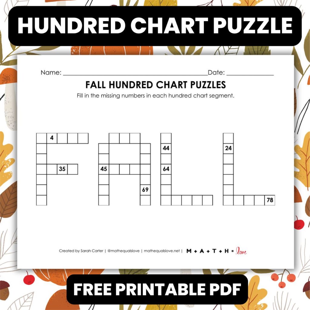 Fall Hundred Chart Puzzle Worksheet | Math = Love