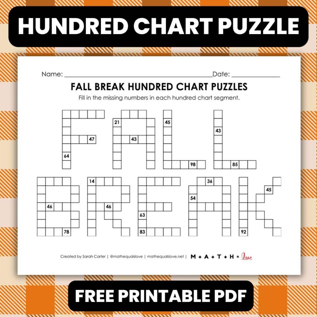 fall break hundred chart math puzzle worksheet.