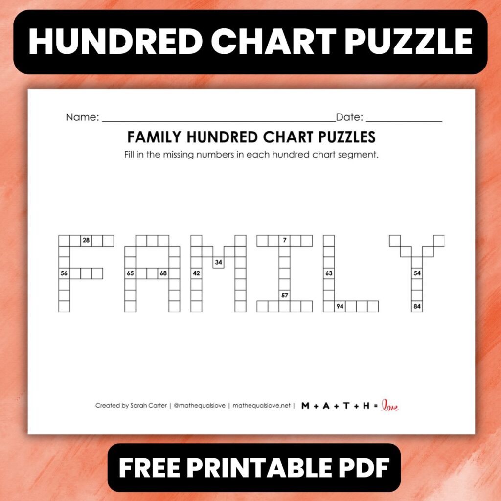 family hundred chart math puzzle worksheet.