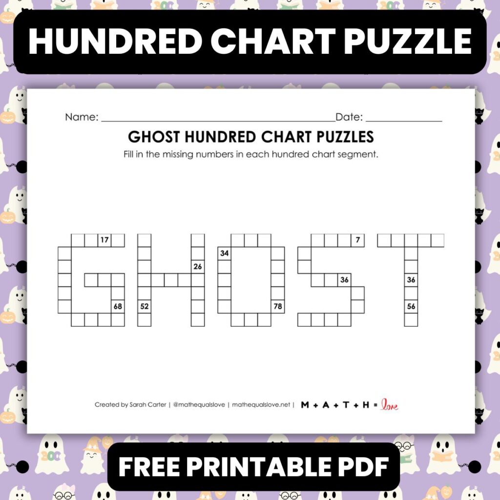 ghost hundred chart math puzzle worksheet for halloween.