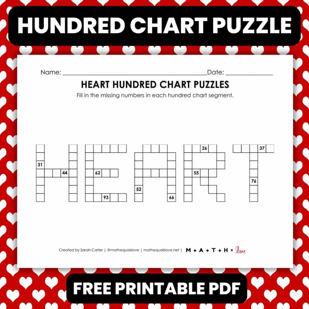 heart hundred chart math puzzle worksheet.