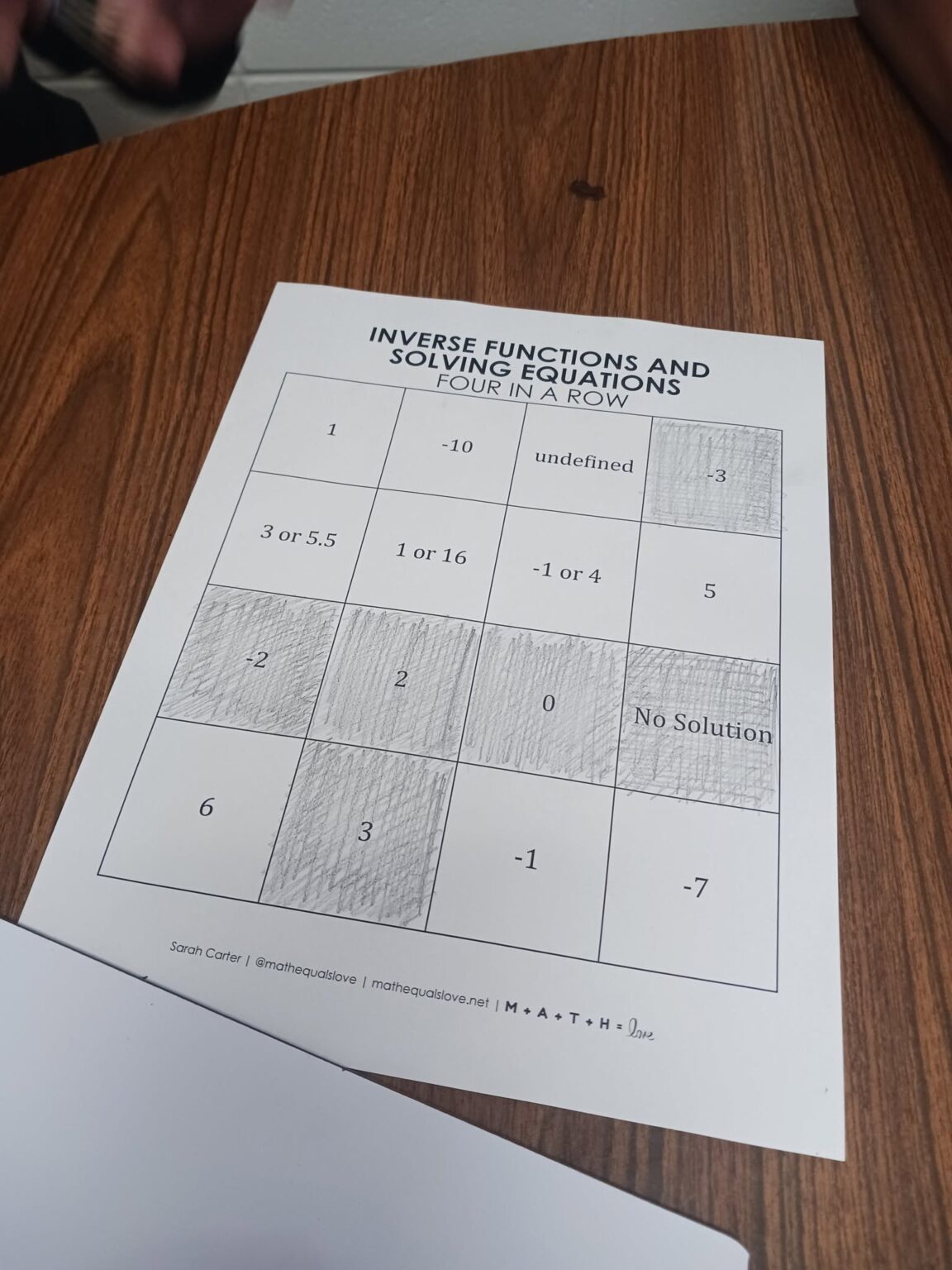 Rows Math Inverse Functions and Solving Equations Four in a Row Activity | Math ...