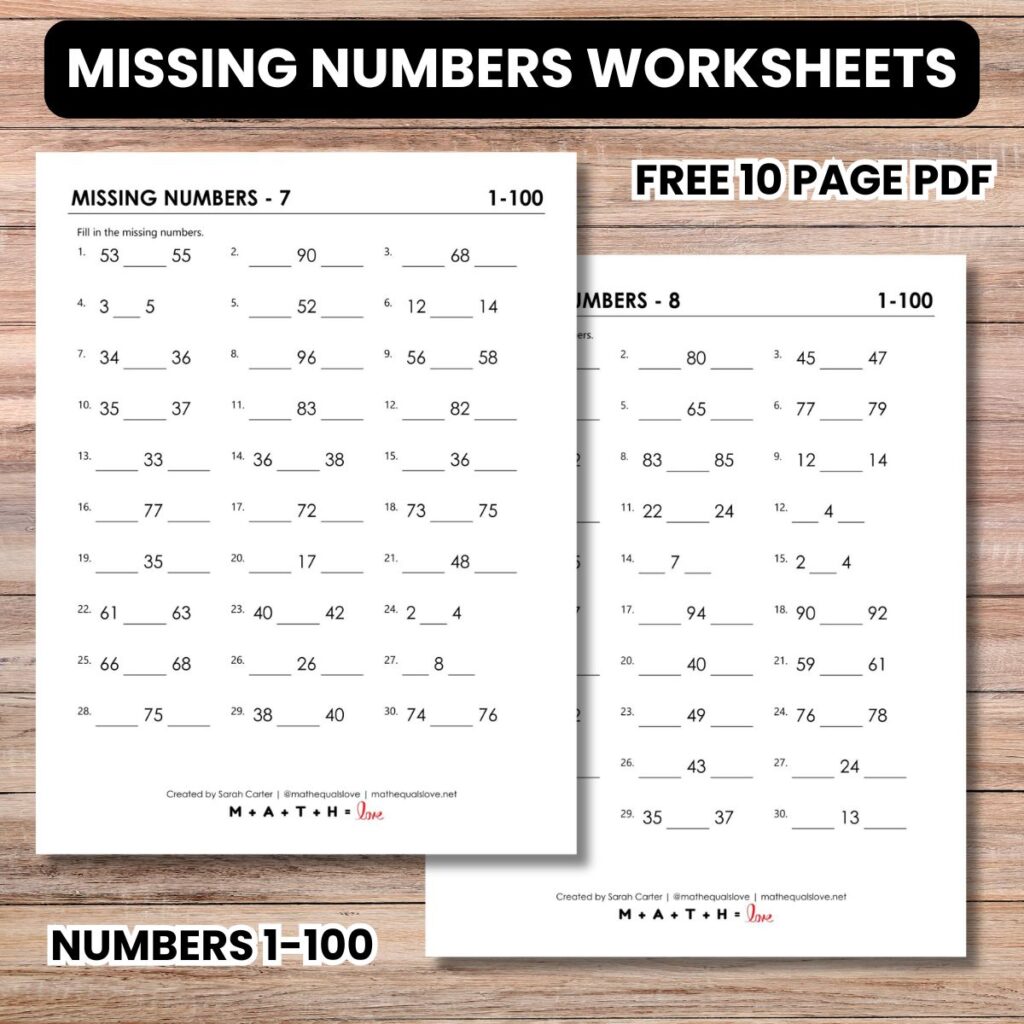 missing numbers worksheet packet 1-100.