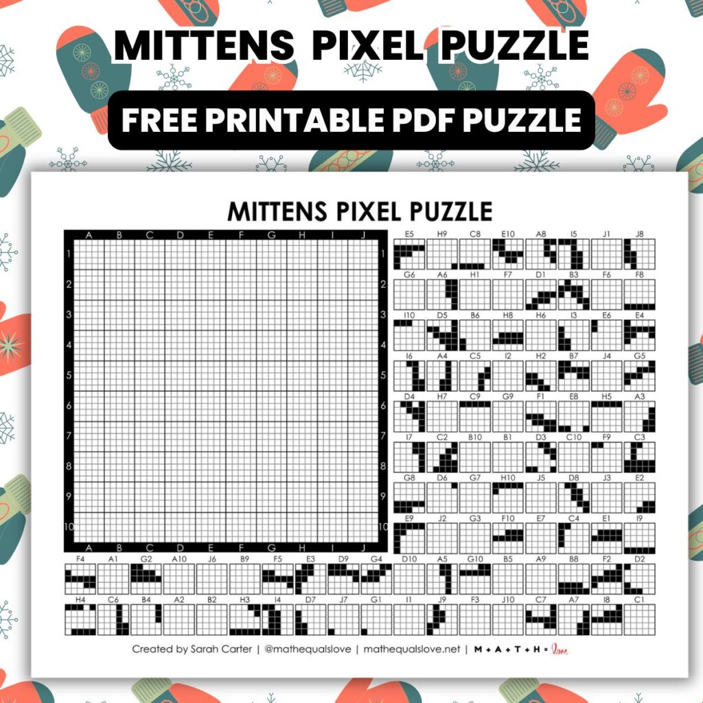 mittens pixel puzzle worksheet for winter.