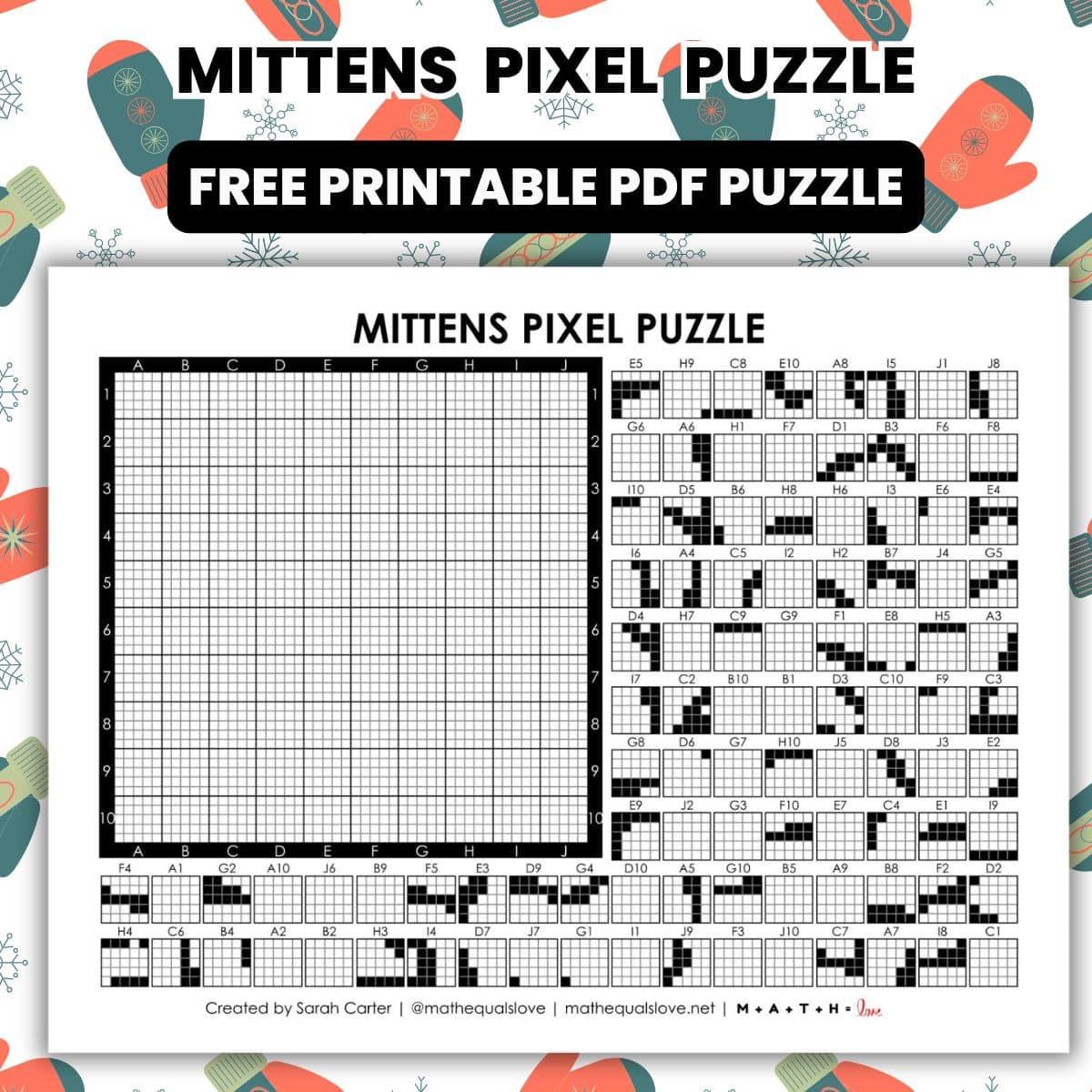 mittens pixel puzzle worksheet for winter.