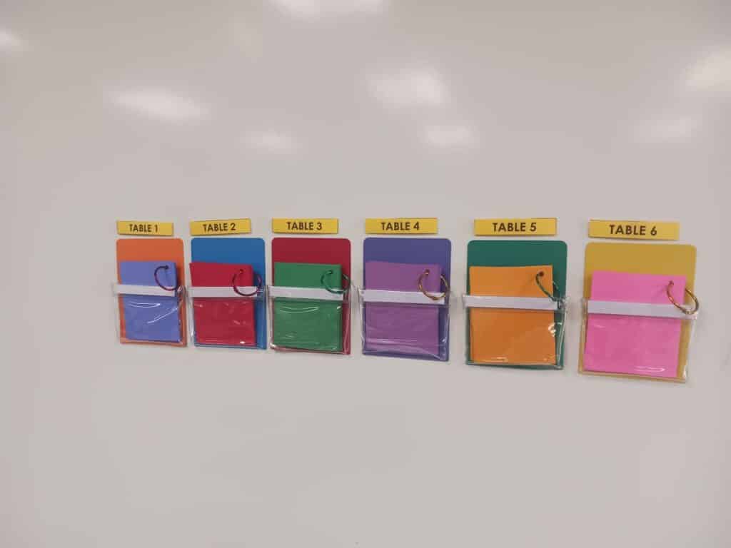 multiple choice letter cards face down in pockets.