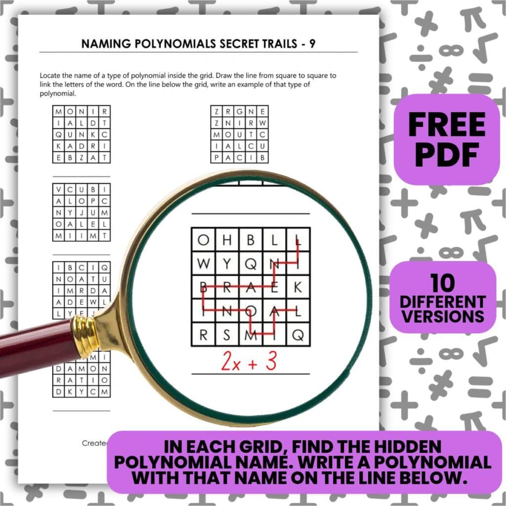 naming polynomials worksheet with secret trails word puzzles.