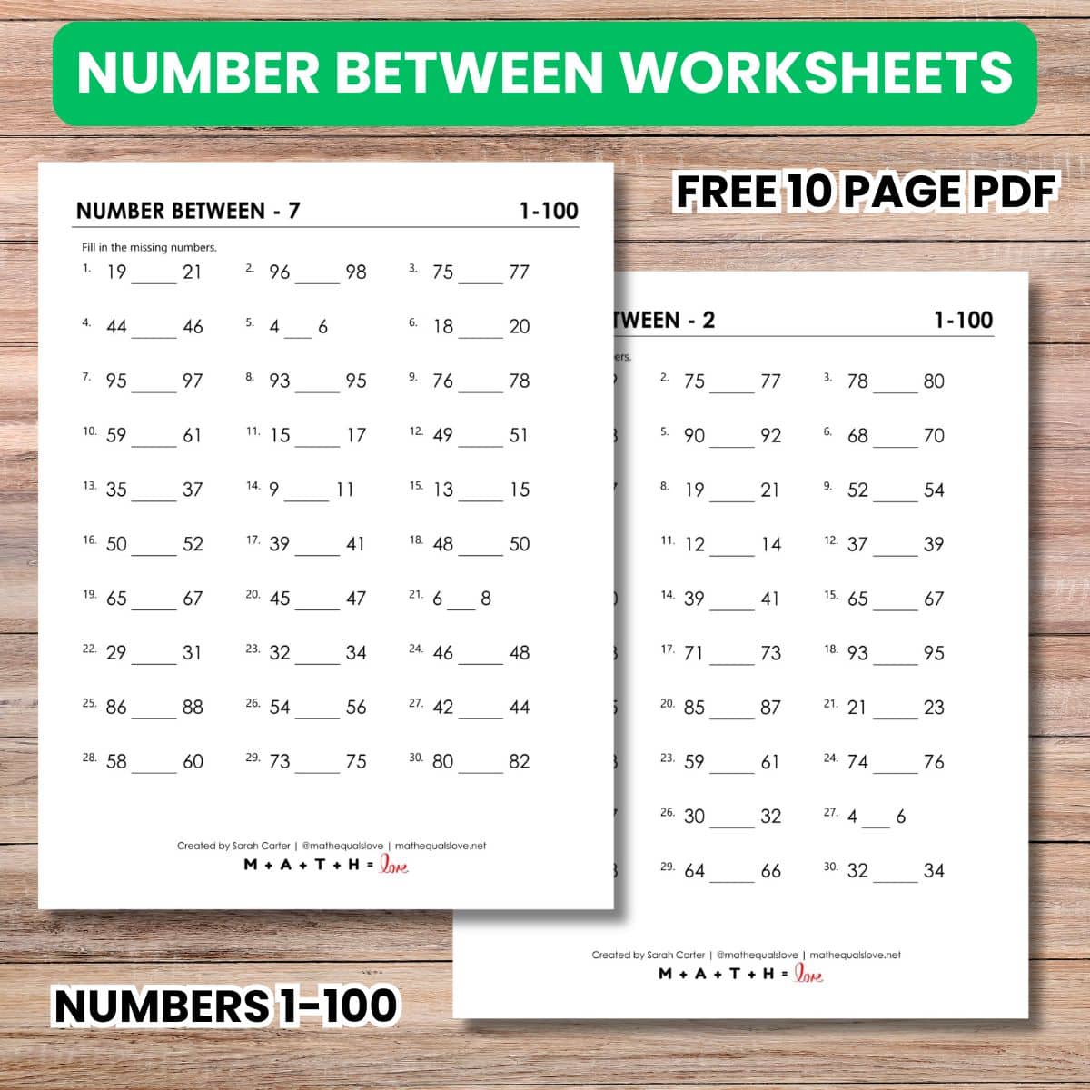 number between math worksheets 1-100.