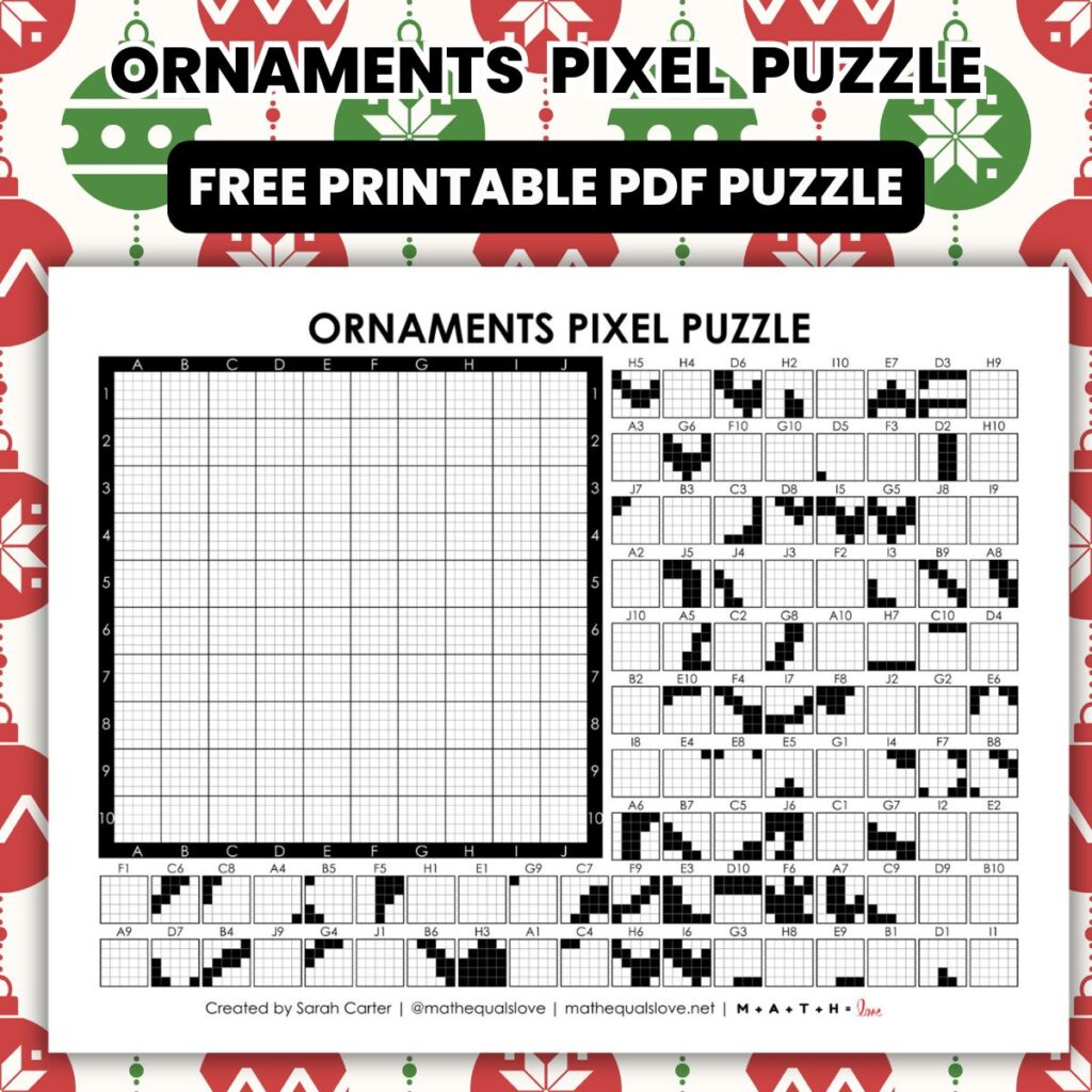 christmas ornaments pixel puzzle worksheet.