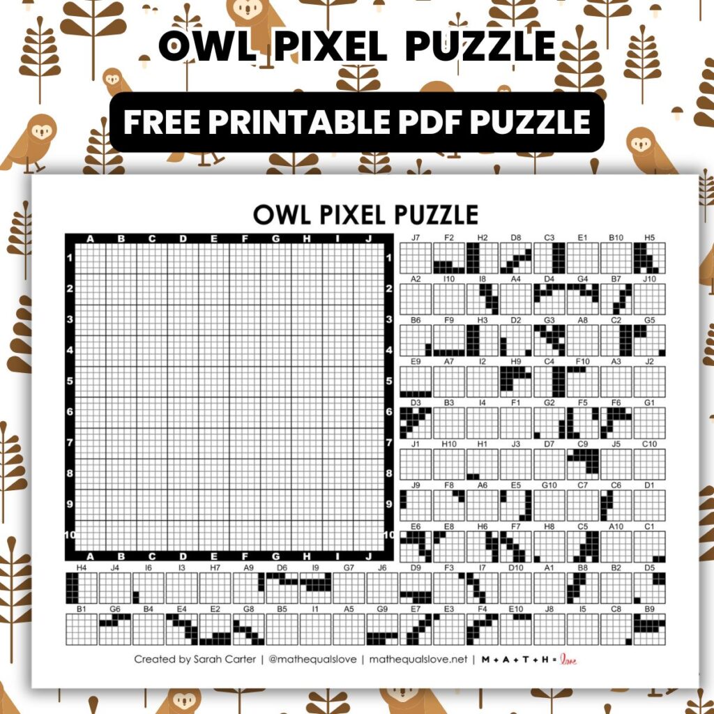 owl pixel puzzle worksheet.