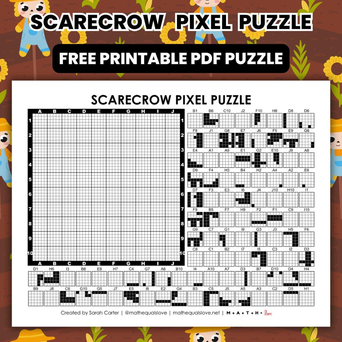 scarecrow pixel puzzle worksheet for fall.