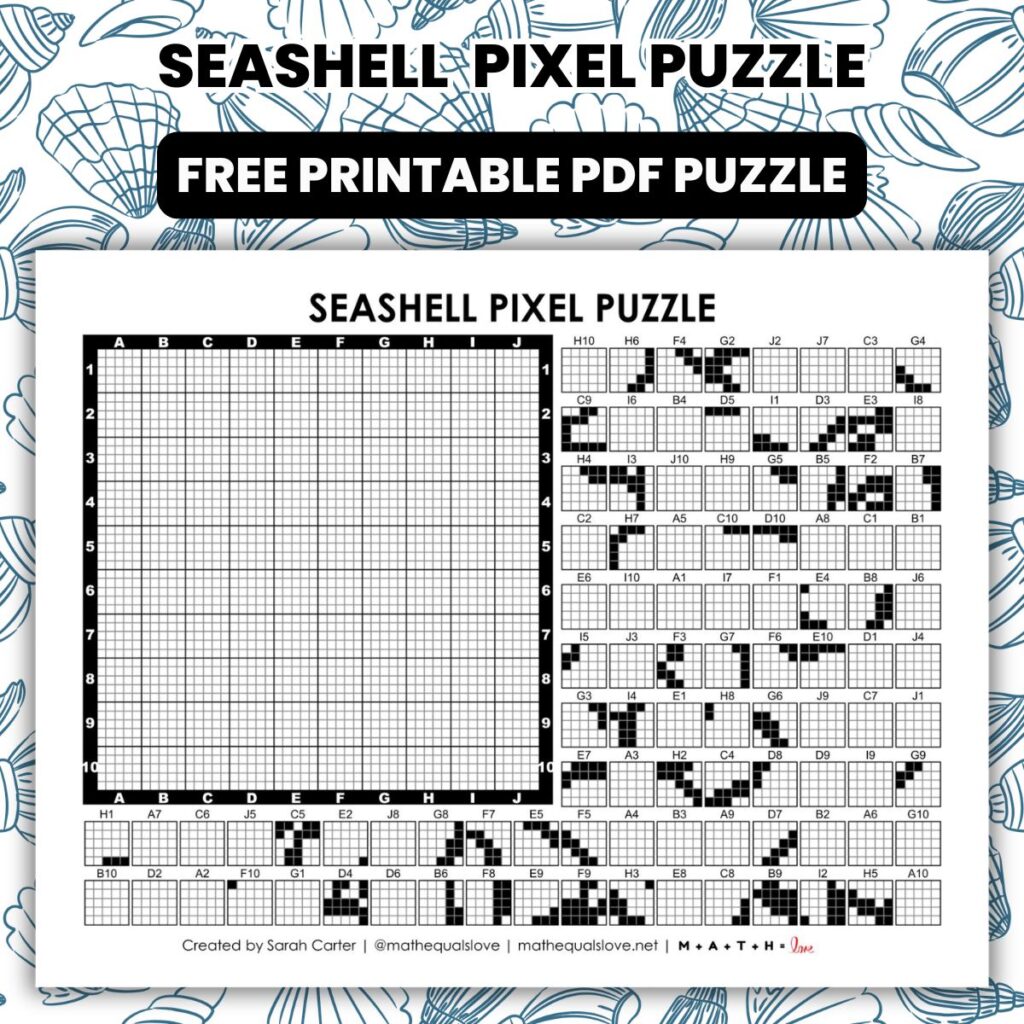 seashell pixel puzzle worksheet.
