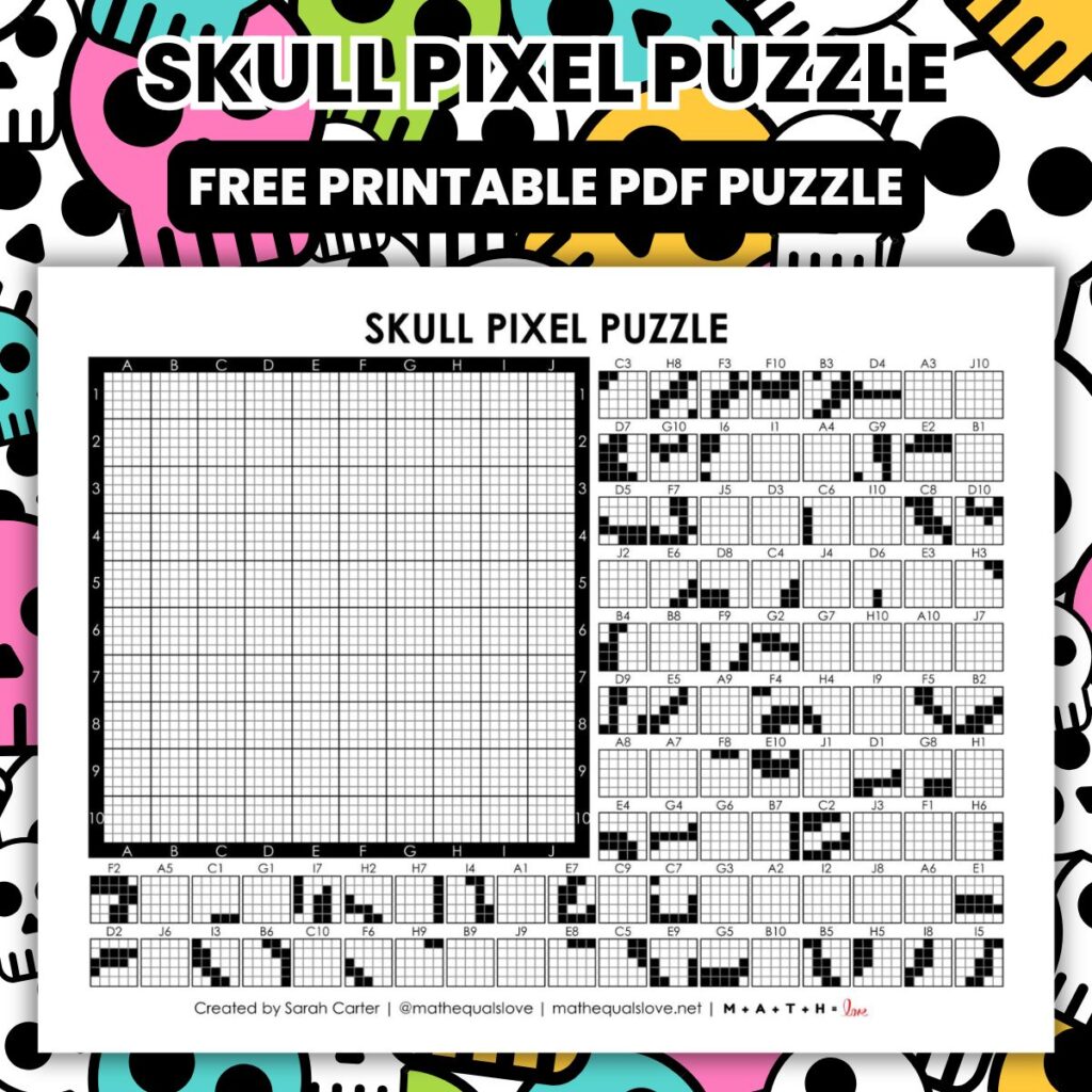 skull pixel puzzle worksheet for halloween.