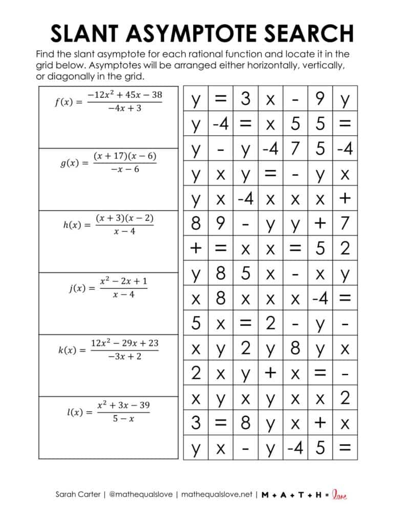 screenshot of slant asymptote search puzzle worksheet.