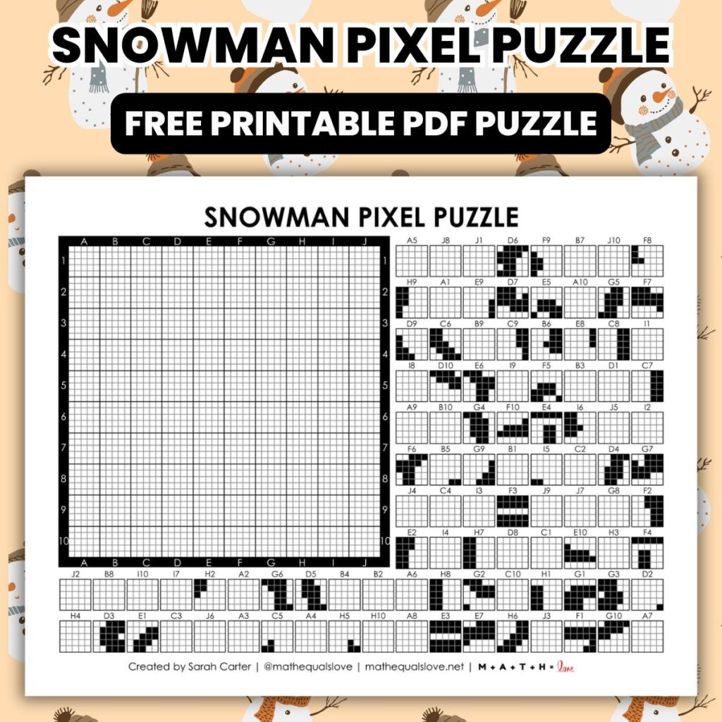 snowman pixel puzzle worksheet for winter.