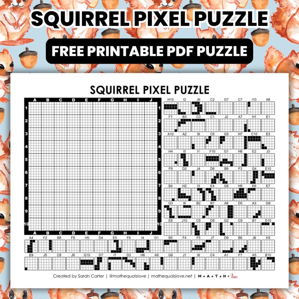 squirrel pixel puzzle worksheet for fall.