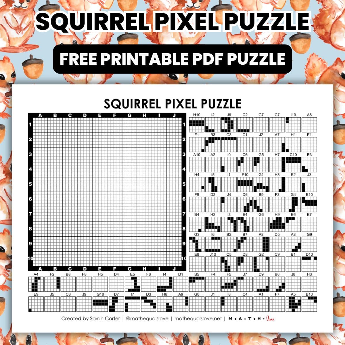 squirrel pixel puzzle worksheet for fall.