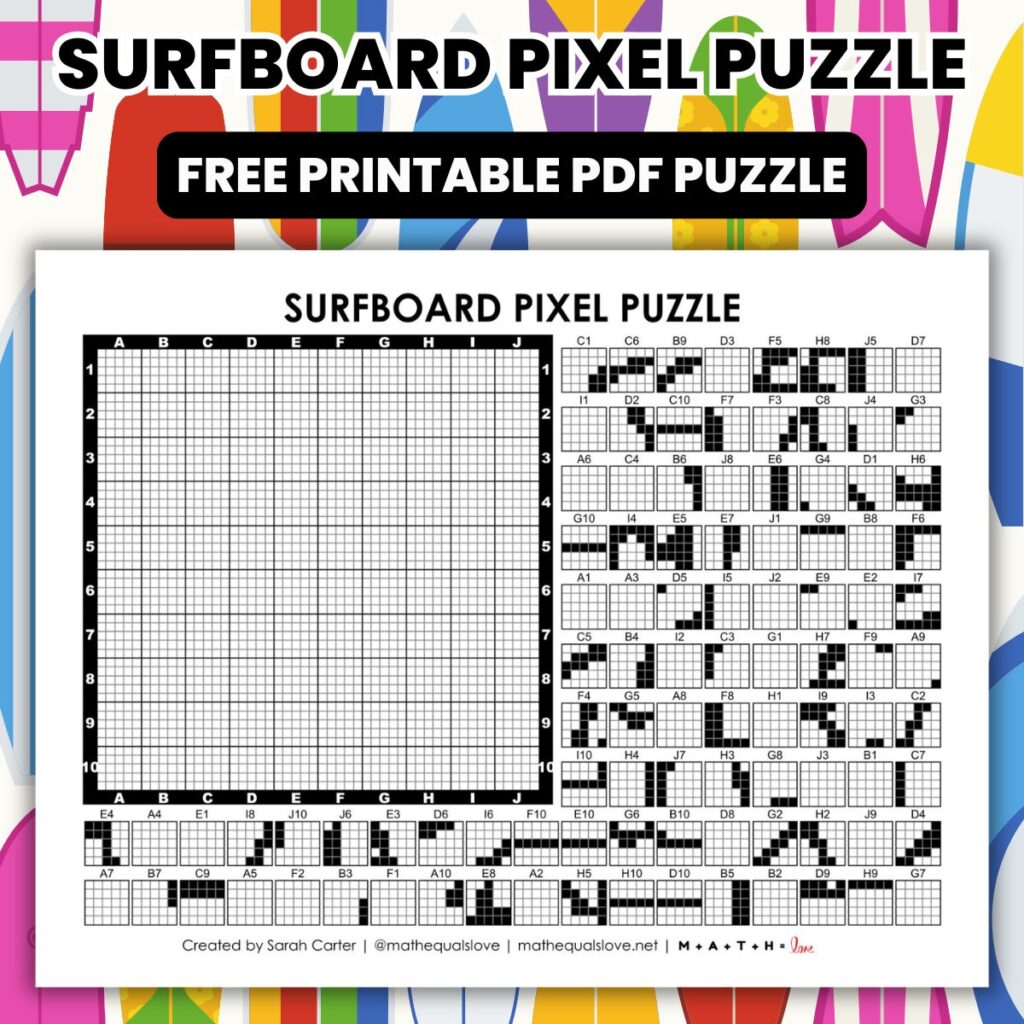 surfboard pixel puzzle worksheet.