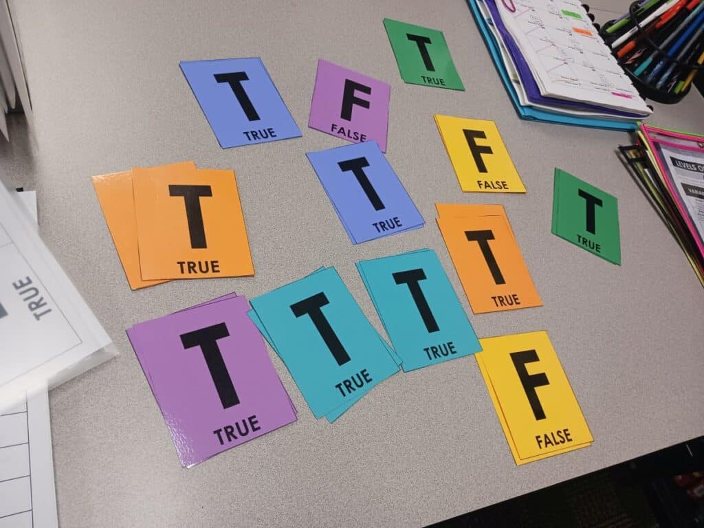 laminated and cut true false cards.